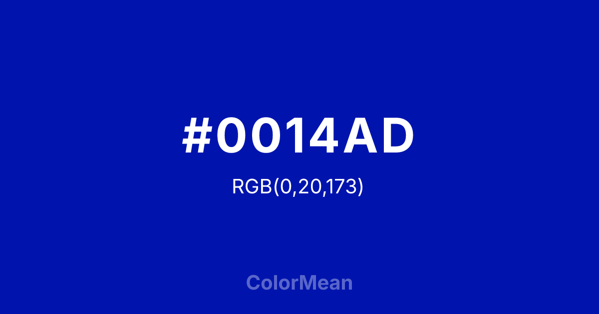 Color swatch image showing #0014AD with RGB(0,20,173) values
