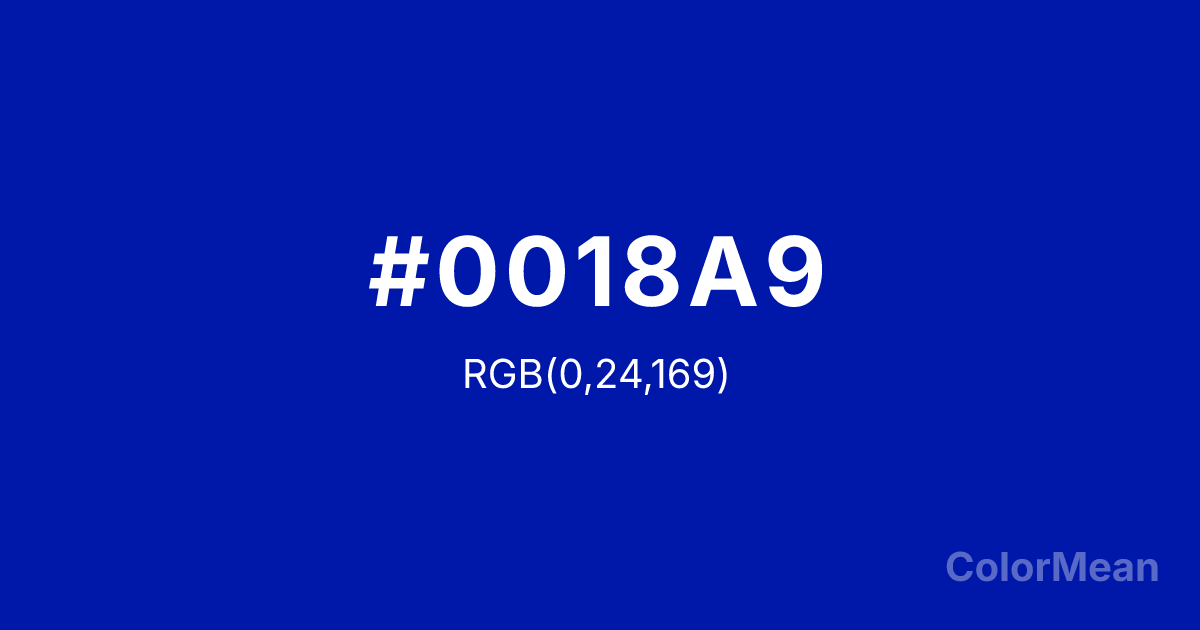 Color swatch image showing #0018A9 with RGB(0,24,169) values