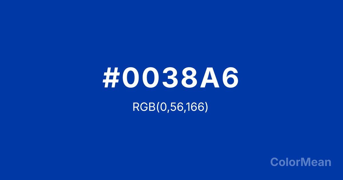 Color swatch image showing #0038A6 with RGB(0,56,166) values