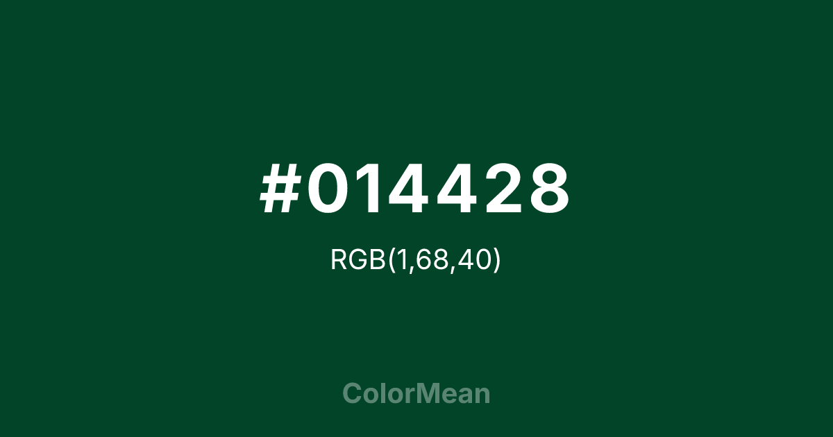 Color swatch image showing #014428 with RGB(1,68,40) values