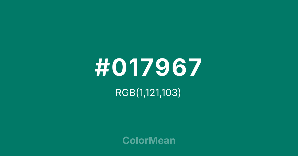 Color swatch image showing #017967 with RGB(1,121,103) values