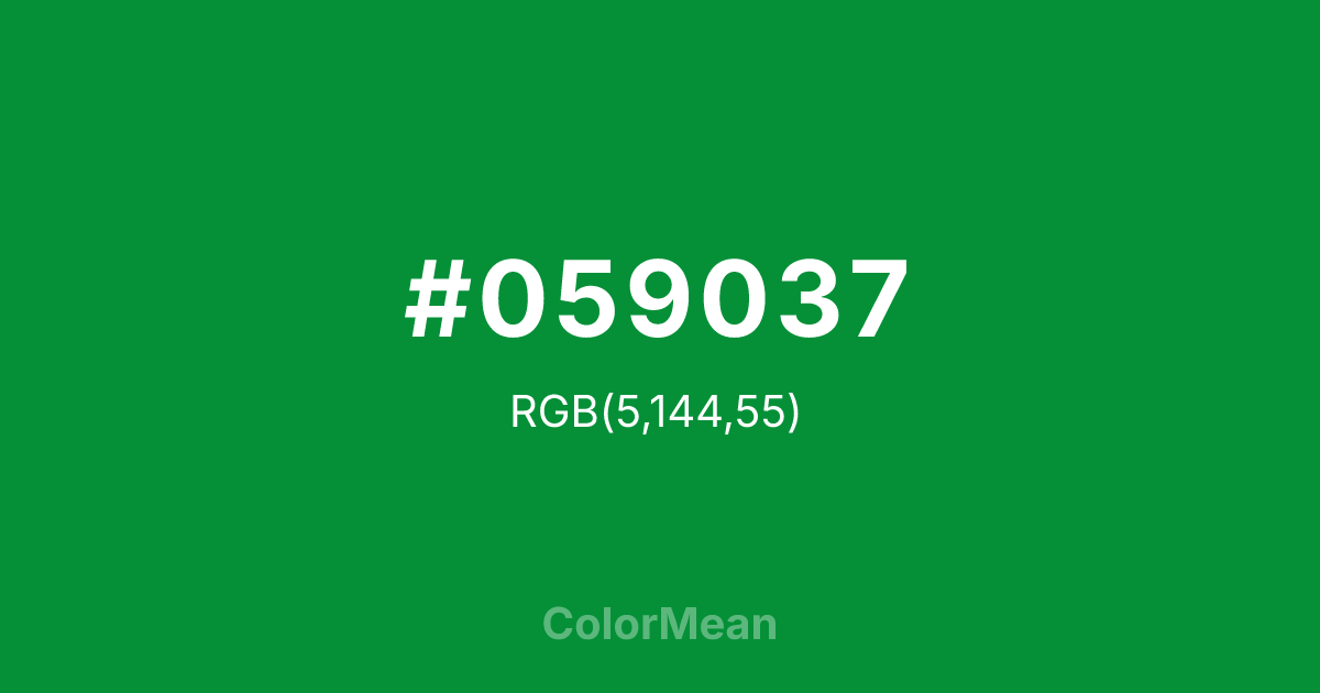 Color swatch image showing #059037 with RGB(5,144,55) values