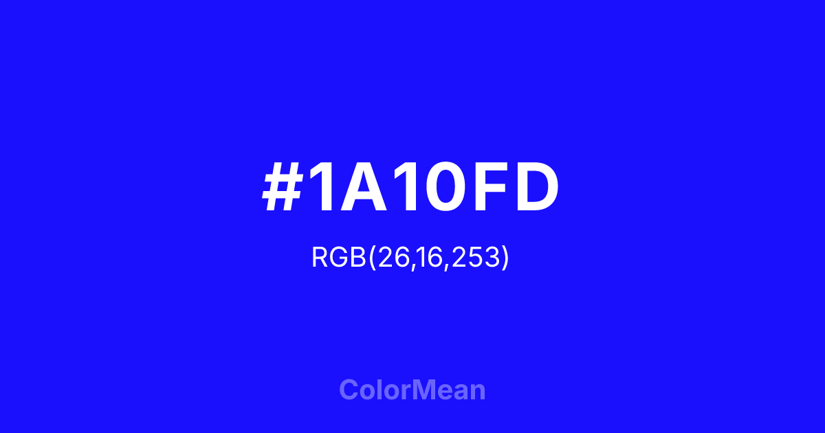 Color swatch image showing #1A10FD with RGB(26,16,253) values