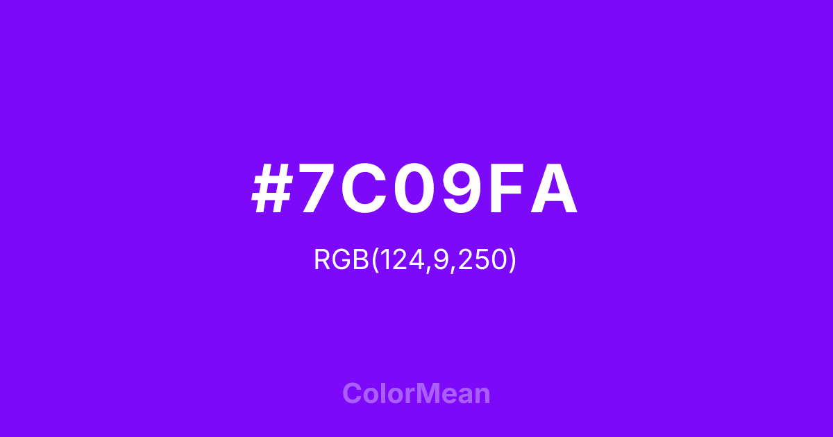Color swatch image showing #7C09FA with RGB(124,9,250) values