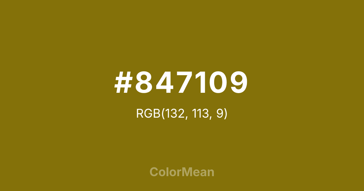 Color swatch image showing #847109 with RGB(132,113,9) values