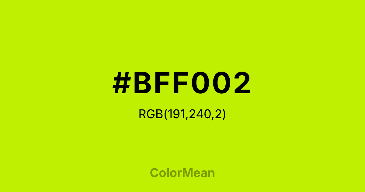 Color swatch image showing #BFF002 with RGB(191,240,2) values