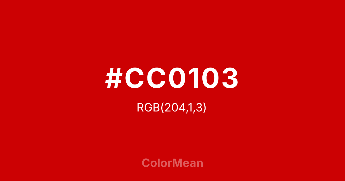 Color swatch image showing #CC0103 with RGB(204,1,3) values