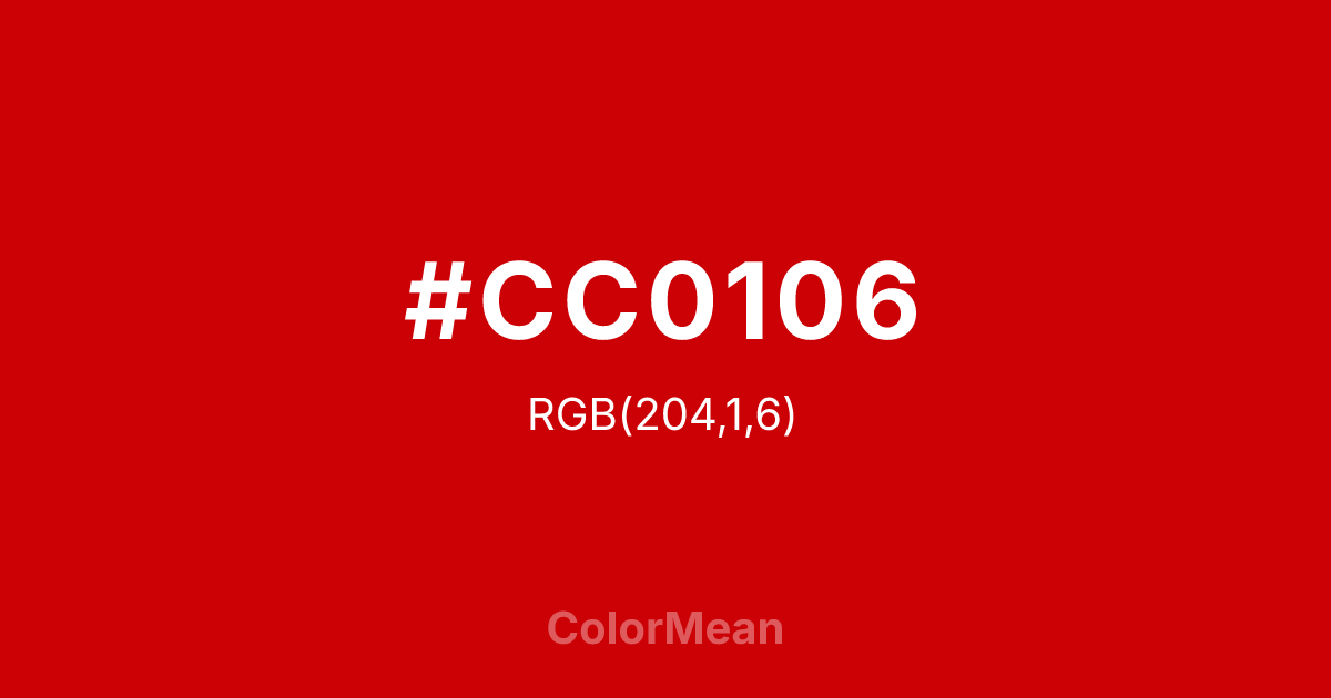 Color swatch image showing #CC0106 with RGB(204,1,6) values