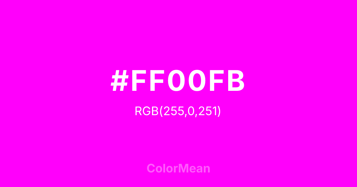 Color swatch image showing #FF00FB with RGB(255,0,251) values